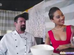 Lusty Asian wife Honey Gold sneaks and fucks the chef